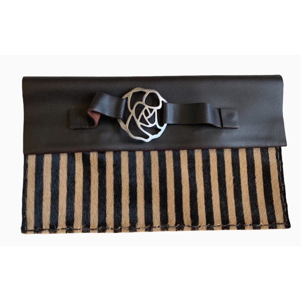 Calf Hair Leather Hand Slip Clutch Purse Fold Over Silver Floral Accent Custom
